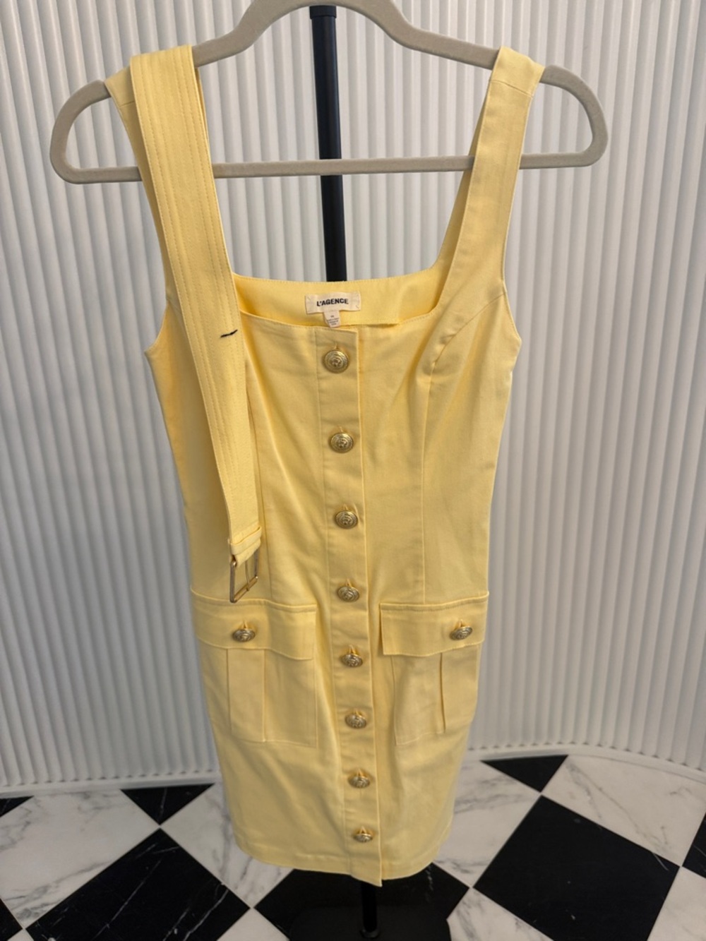 L'AGENCE Lemon Yellow Button-Front Midi Sheath Dress with belt